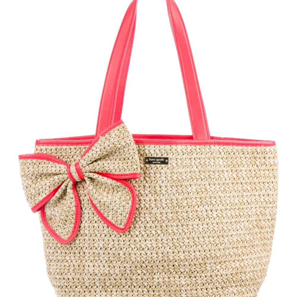 KATE SPADE NEW YORK Rumor Straw Tote Neutral Neon Orange Pink Beige Bow Accent